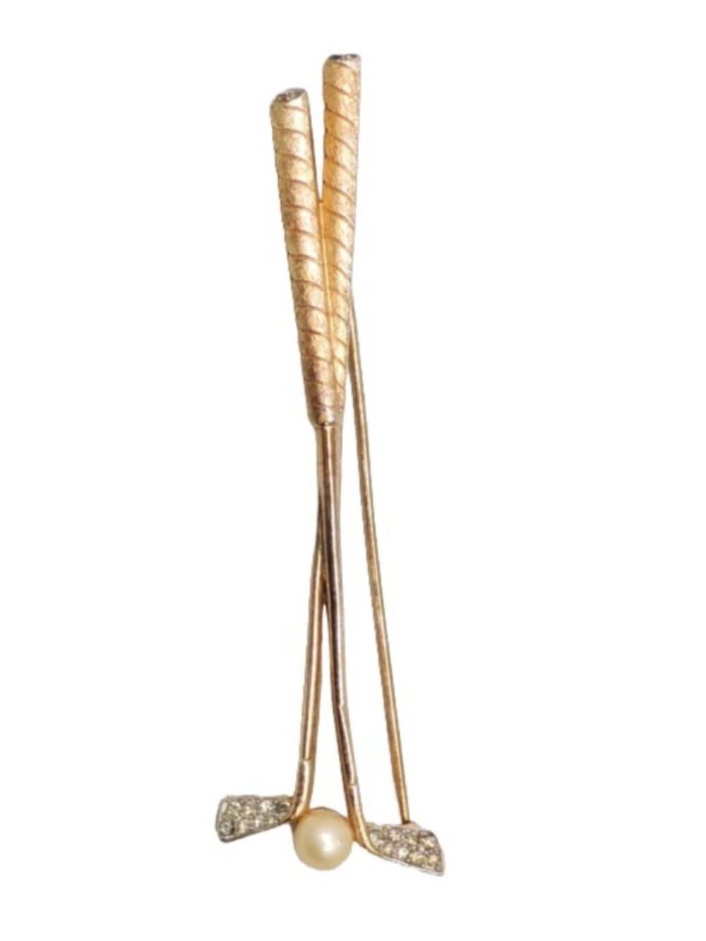 Vintage 1950s Signed Crown Trifari Faux-Pearl Pavé Rhinestone Golf Clubs Brooch